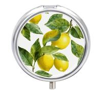 Lemon Branch Leaves Pill Case with 3 Compartments - Portable Travel Pill Organizer for Purse, Easy-Open Button Design, Small Round Pillbox Vitamin Holder Organizer for Women Men