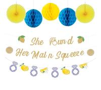Lemon Bridal Shower Decorations Set - Includes "She Found Her Main Squeeze" Banner, Lemon Garland, Honeycomb Flower Balls & Fans for Complete Lemon Theme Party Supplies