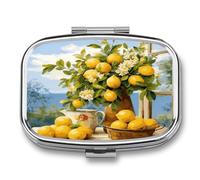 Lemon by The Window Pill Box 2-Compartment Portable Pill Case Square Metal Medication Organizer Small Weekly Medication Case with Mirror Stylish Vitamin Holder for Purse Pocket Travel