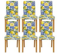 Lemon Chair Covers for Dining Chairs, Mediterranean Vibrant Blue Leaf Summer Yellow Spandex Washable Stretch Chair Protector Covers Decor for Dining Room Kitchen Banquet 6pcs