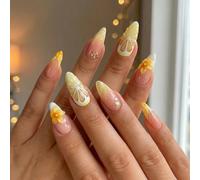 Lemon Citrus Stiletto Press On Nails - Orange Yellow Gradient False Nails With 3D Floral & Glitter Design, Long Stick On Manicure For Women, Summer Yellow Floral Art Design