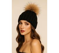Lemon Daisy Accessories Fluffy Women's Adults Cable Knit Pom Pom Hat in Black Lemon Daisy Accessories Black One Size