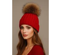 Lemon Daisy Accessories Fluffy Women's Adults Cable Knit Pom Pom Hat in Red Lemon Daisy Accessories Red One Size