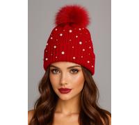 Lemon Daisy Accessories Women's Pearl Pom Beanie Bobble Winter Hat in Red Lemon Daisy Accessories Red One Size