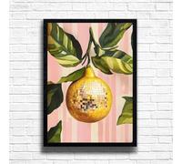 Lemon Disco Ball Kitchen Wall Art Print - Funky Retro Food Poster, Cute Aesthetic Fruit Decor for Kitchen, Dining Room or Bar Cart (A3 Framed (Black))