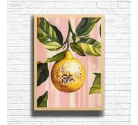 Lemon Disco Ball Kitchen Wall Art Print - Funky Retro Food Poster, Cute Aesthetic Fruit Decor for Kitchen, Dining Room or Bar Cart (A4 Framed (Oak))