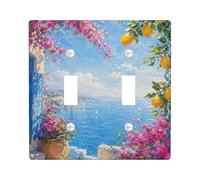 Lemon Double Light Switch Cover Plate, Mediterranean Coastal Bougainvillea Ocean Summer Blue Plastic Standard Size Decorative Wall Plates for Home Living Room Bedroom Bathroom Decor
