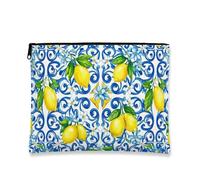Lemon Floral Cosmetic Bag, Blue Swirl Pattern Travel Pouch for Women, Portable Small Canvas Zipper Organizer, Spring Skincare Toiletry Case, Blue, 7x9 Inch, Lemon