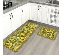 Lemon Floral Kitchen Mats for Floor, Vintage Botanical Soft Mats, Summer Cushioned Comfort Washable Decor Rugs for Kitchen Sinks Laundryroom Bathroom 2pcs