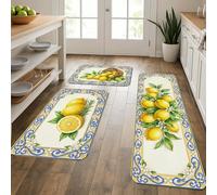 Lemon Floral Kitchen Mats for Floor, Vintage Mediterranean Soft Mat, Spring Cushioned Comfort Washable Decor Rugs for Kitchen Sinks Laundryroom Bathroom 3pcs