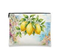 Lemon Floral Makeup Bag, Vintage Coastal Cosmetic Pouch for Women, Portable Canvas Zipper Organizer, Summer Travel Toiletry Bag, Yellow, 7x9 Inch, Lemon