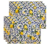 Lemon Floral Placemats, Blue Mediterranean Patterned Place Mats for Dining Table, Summer Decorative Non-Slip Washable Indoor Outdoor Kitchen Party Set of 6