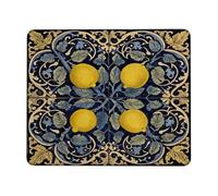 Lemon Floral Square Desk Mouse Pad, Navy Yellow Citrus Design Stitched Edge Mousepad, Rubber Non-Slip Washable Gaming Mouse Pad for Home and Office Computer, Laptop Square 8x10 Inch