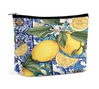Lemon Floral Tile Makeup Bag, Travel Toiletry Organizer, Cosmetic Pouch for Women, Birthday Presents for Mom Girls Women Sisters