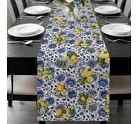 Lemon Flower Table Runner 13x120 Inches Long Summer Lemon Blue Floral Leaf Linen Texture Cotton Linen Table Runner Burlap Style for Dinner Table Party Decor Tabletop Decorations