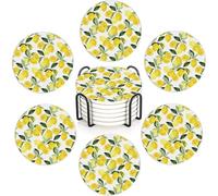 Lemon Fruit 6Pack Ceramic Drink Coasters,Quick-Absorb Stone Coasters with Anti-Slip Cork Backing & Metal Holder, Table Protectors for Kitchen Bar