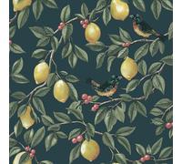 Lemon Fruit and Leaf Trail Botanical Birds Berries Themed Wallpaper for Bedrooms, Living Rooms, Dining Rooms in a Deep Teal Colour Holden 13871