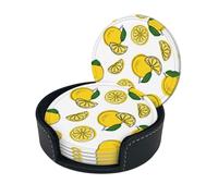 Lemon Fruit Pattern Print Chic Round Leather Coasters â€“ Set Of 6 Full-Print Coasters In A Premium Pu Leather Storage Box