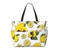 Lemon Fruit Pattern Print Large Waterproof Beach Tote Bag for Women with Zip and Pockets Foldable Handbag for Travel Pool Shopping Holiday Gym