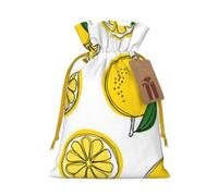 Lemon Fruit Pattern Printed Christmas Drawstring Bags with Yellow Christmas Ribbon - Reusable Burlap Drawstring Gift Pouches, S