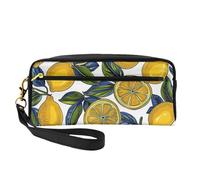 Lemon Fruit Pattern Printed Leather Makeup Bags with Wrist Strap Portable Travel Toiletry Bag Cosmetic Organizer Bag for Women