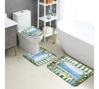 Lemon Grove Bathroom Mat Sets 3 Piece, Coastal Green Stripes Absorbent Non Slip Toilet Rugs U Shaped Washable, Summer Floral Quick Dry Memory Foam Bathroom Rug Set