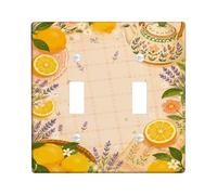 Lemon Kitchen Double Light Switch Cover Plate, Country Vintage Lavender Teapot Summer Yellow Plastic Standard Size Wall Switch Plates Accents for Bedroom Bathroom Home Entrance Decor