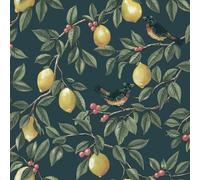 Lemon Leaf Trail Teal Wallpaper - Botanical Birds Berries - Traditional Balanced - Paste The Paper