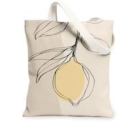 Lemon Line Art Canvas Tote Bags, Stylish Fruit Design Reusable Grocery Bags, Summer Lightweight Washable Shoulder Strap Can, Beige, 13x15 Inch