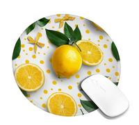 Lemon Pattern Desk Mouse Pad, Yellow Citrus Fruits with Green Leaves Non-Slip Gaming Mousepad, Washable for Home and Office Use Round 8x8 Inch