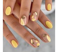 Lemon Pattern False Nails with Glossy Oval Full Cover Acrylic Tips - Vibrant Yellow Polish, Nude Base with Green Leaf Detail, Press On Artificial Nails for Women and Girls, Summer Party Wear
