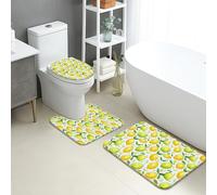 Lemon Pattern Quick Dry Bath Mat, Joyful Yellow Citrus Absorbent Non Slip Shower Mat, Spring Decorative Flannel Washable Bath Rugs for Bathroom Toilet Restroom 3 Piece Sets