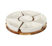 Lemon Pavilion Furniture and Decor Acacia Lazy Susan Serving Board including Ceramic Serving Bowls in Brown Lemon Pavilion Furniture and Decor Brown