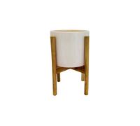 Lemon Pavilion Furniture and Decor Anzio Stone Planter with Wooden Stand - L24 x W24 x H38.5 cm - White Lemon Pavilion Furniture and Decor White