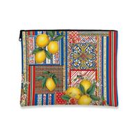 Lemon Print Makeup Bag, Vintage Mediterranean Cosmetic Travel Pouch for Women, Portable Small Canvas Zipper Organizer, Spring Festival Gift Toiletry Bag, Stylish Floral Design, Yellow, 7x9 Inch, Lemon