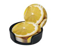 Lemon Print Round Leather Coasters 3.9 in Elegant Pu Leather Coasters Set with Storage Box for Dining Table