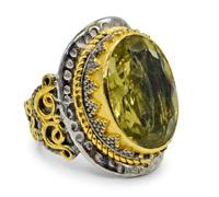 Lemon Quartz Oval Faceted Green Gemstone Ring 925 Sterling Silver Black Rhodium Gold Plated Bezel Set Statement Cocktail Jewelry for Women R1/2,60(19.10)