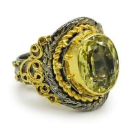 Lemon Quartz Oval Faceted Green Gemstone Ring 925 Sterling Silver Black Rhodium Gold Plated Statement Cocktail Jewelry for Women O1/2,56(17.80)