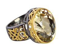 Lemon Quartz Ring - Black Rhodium & Yellow Gold Plated 925 Sterling Silver, Oval 19x15mm Faceted Gemstone, Elegant Multicolor Cocktail Ring 49 (15.6)