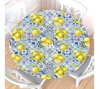 Lemon Round Fitted Tablecloth with Elastic Edge,Waterproof Wipeable Summer Yellow Blue Mediterranean Tile Flower Italian Table Cover for 40-44" Stretch Table Cloth for Dinner Indoor Outdoor Party