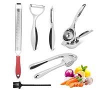 Lemon squeezers|Cheese grater|Micro planes grater|garlic crusher|Potato peeler, Cheese Grater Red & Brush- Lemon Squeezer - Set of 2 Peelers - Garlic Press, Stainless Steel - Rust Proof