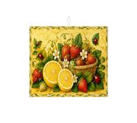 Lemon Strawberry Dish Drying Mats for Kitchen Counter, Yellow Floral Absorbent Dish Drainer Mat, Summer Garden Microfiber Drying Pad for Coffee Bar 16x18 Inch