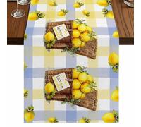 LEMON Table Runner, Summer Watercolor Fruit Basket Blue Yellow Plaid Cotton and Table Linen Runner for Kitchen Dining Home Decor for Party Festival Holiday Decoration Gift 13x60in