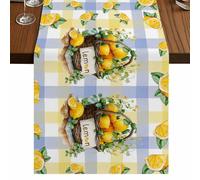 LEMON Table Runner, Summer Watercolor Fruit Basket Blue Yellow Plaids Cotton and Table Linen Runner for Kitchen Dining Home Decor for Party Festival Holiday Decoration Gift 13x70in