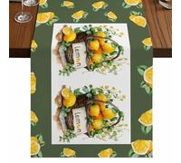 LEMON Table Runner, Summer Watercolor Fruit Basket Yellow Flowers Green Frame Cotton and Table Linen Runner for Kitchen Dining Home Decor for Party Festival Holiday Decoration Gift 13x120in