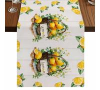 LEMON Table Runner, Summer Watercolor Fruits Basket White Wood Grain Rustic Cotton and Table Linen Runner for Kitchen Dining Home Decor for Party Festival Holiday Decoration Gift 13x36in