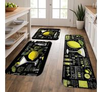 Lemon Themed Kitchen Mats for Floor, Vibrant Citrus Graphic Cushioned Comfort Washable Non Slip Decor Rugs for Kitchen Sinks Laundries Bathrooms 3Pcs