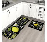 Lemon Themed Kitchen Mats for Floor, Vibrant Citrus Graphic Cushioned Comfort Washable Non Slip Decor Rugs for Kitchen Sinks Laundries Bathrooms 2PCS