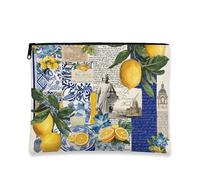 Lemon Themed Makeup Bag, Vintage Floral Cosmetic Travel Pouch for Women, Portable Small Canvas Zipper Organizer, Summer Festival Gift Toiletry Case, Yellow, 7x9 Inch, Lemon