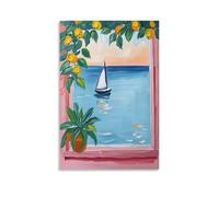 Lemon Tree And Sailboat Wall Art Mediterranean Style Seaside Window View Canvas Colorful Summer Coastal Landscape Poster for Kitchen Or Living Room Decor Gift 12x18inch Unframe